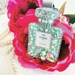 Chanel N°5 Perfume Bottle Bag Charm/ Key Ring - Handmade Embroidery Turquoise